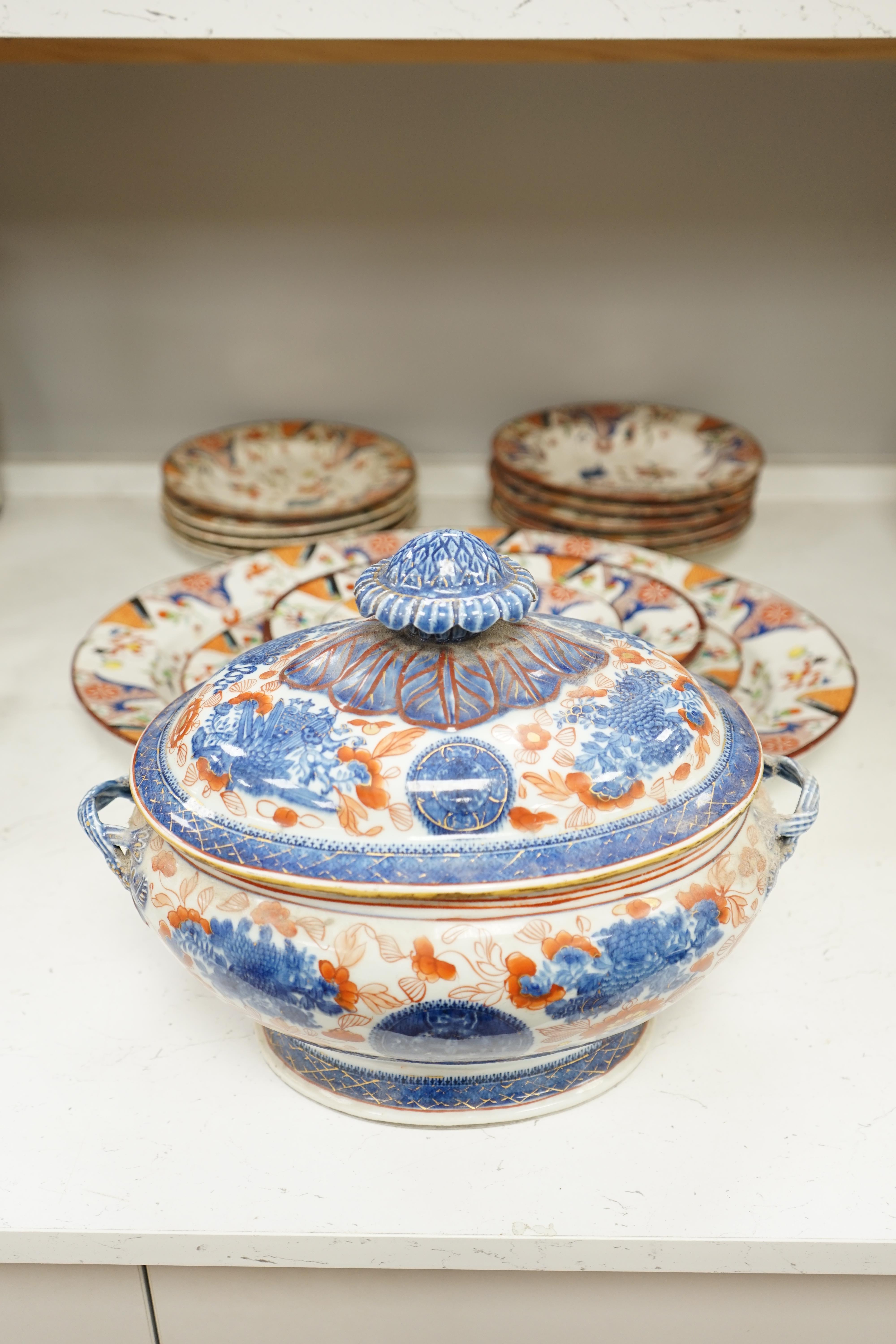 A Chinese export Imari pattern tureen and cover, Qianlong period, collection of Victorian plates and dishes together with an Imari pattern tureen and cover